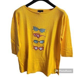 Women's bua/bua Summer Sweater Yellow Sz S Embroidered Sunglasses New With Tags